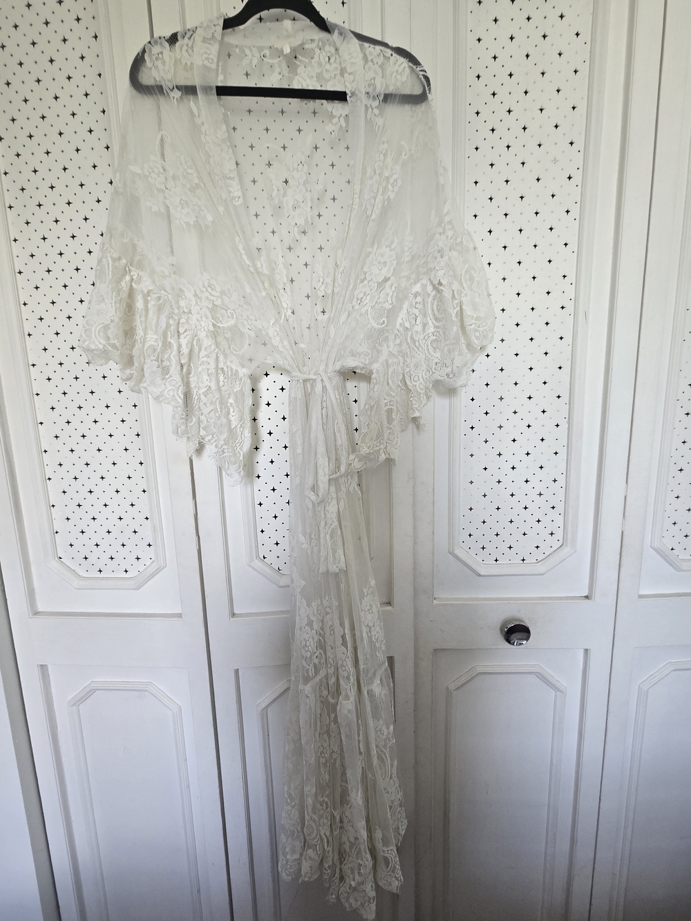 Sheer Ivory Lace Kimono Robe with Tie Front